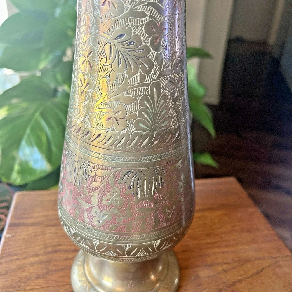 VTG Etched 14 inch Indian Brass Vase Colored Inlay Botanical Pattern Boho MCM
